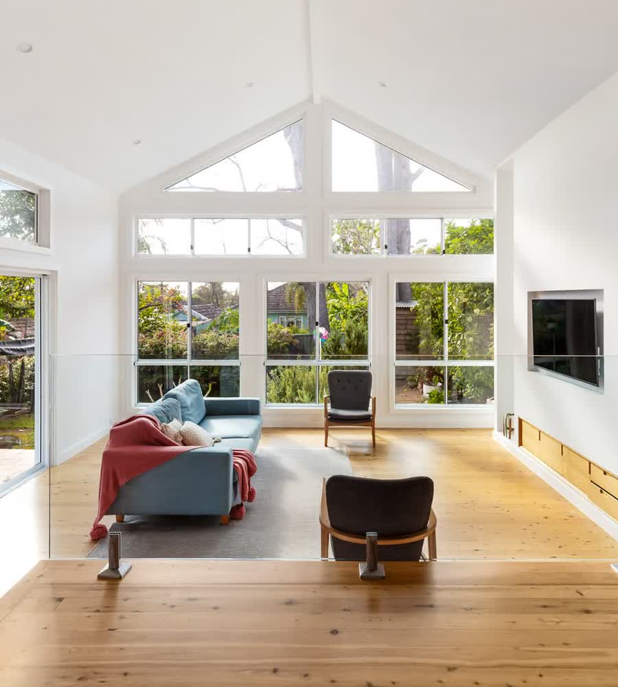 Extension living room under a raked ceiling