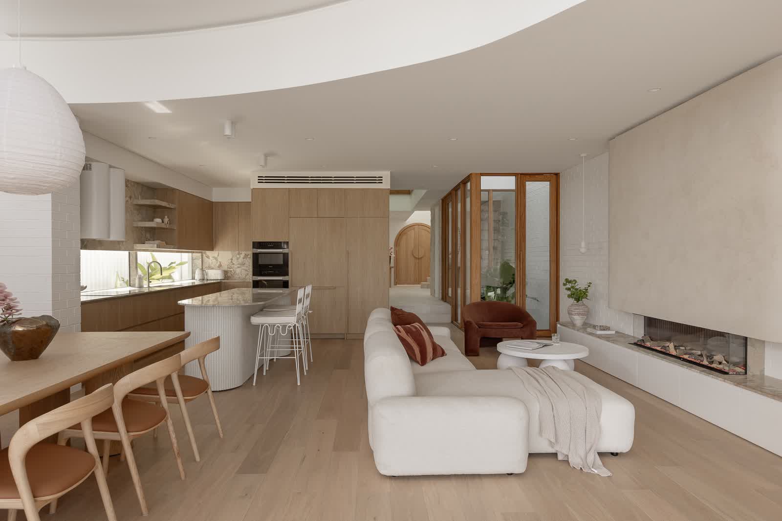 Open-plan living, dining and kitchen in the Miranda duplex