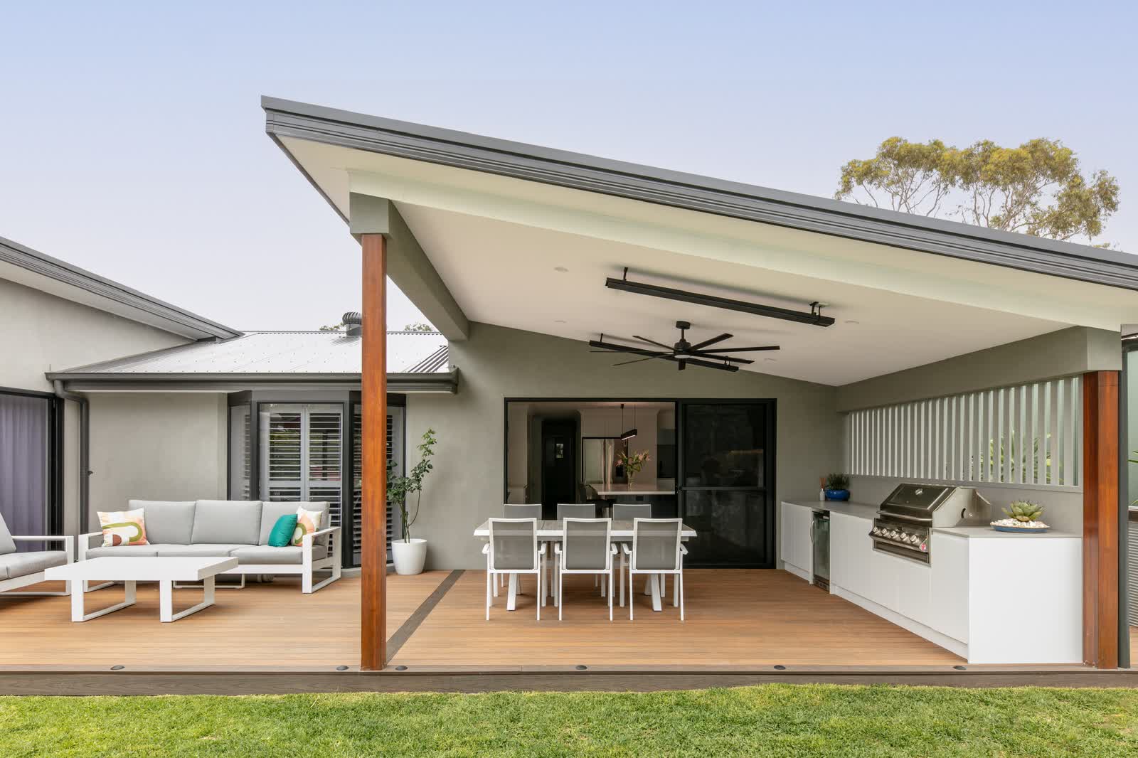 Alfresco with a raked roof, outdoor kitchen and deck