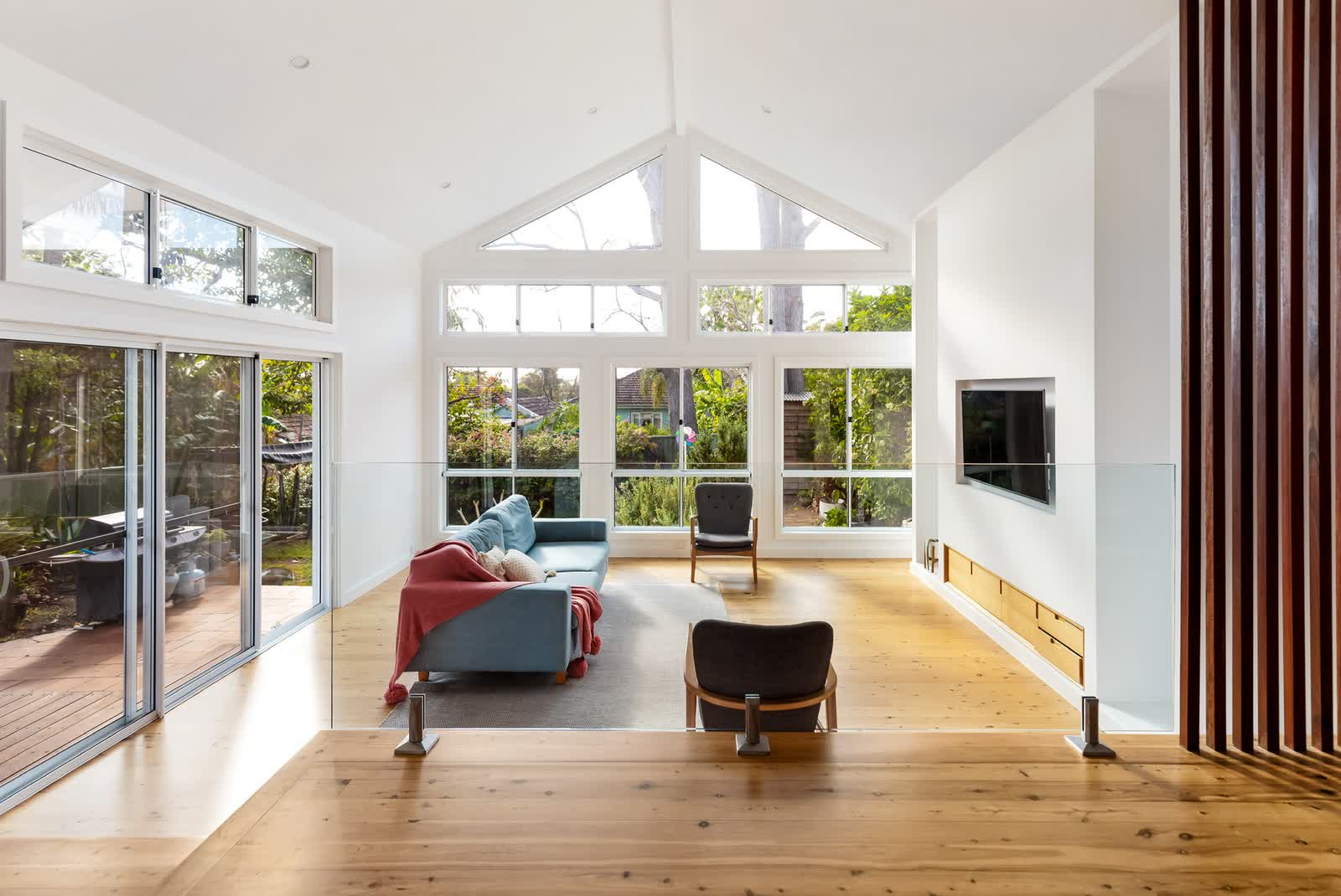 Extension living room under a raked ceiling